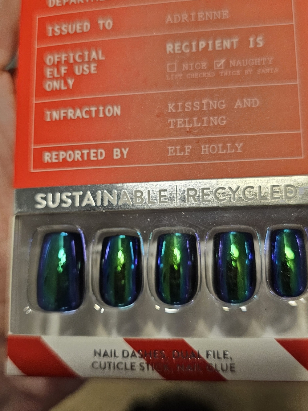 Sustainable Recycled Iridescent Green-Blue Press-On Nails
